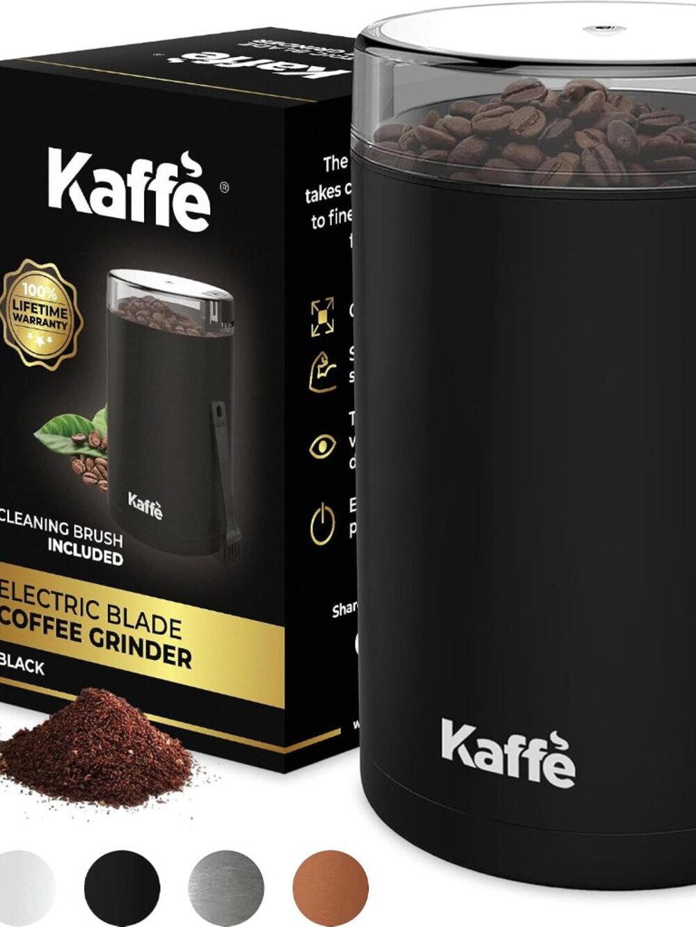 Kaffe One-Touch Coffee Grinder Electric w/Cleaning Brush Easy On/Off Up to 12cup